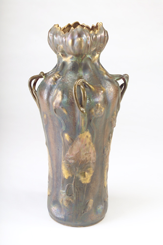 Appraisal: AMPHORA Tall vase of organic shape embossed with water lilies