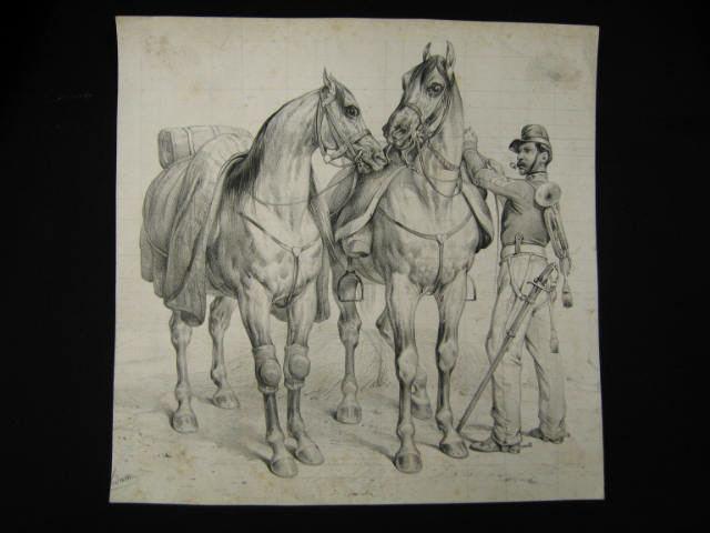 Appraisal: th Century Pencil Drawing of Soldier with horses signed x