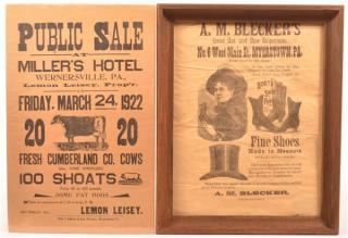 Appraisal: Two Pennsylvania Advertising Broadsides st Public sale broadside Miller's Hotel