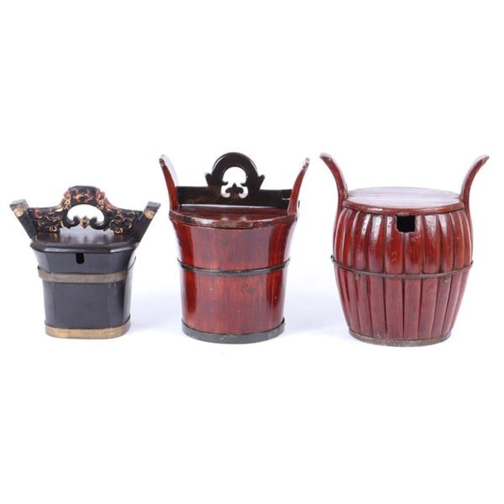 Appraisal: THREE CHINESE ASIAN WOODEN LACQUERED WATER CARRIER BUCKETS WITH LIDS