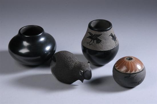 Appraisal: THREE PIECES OF NATIVE AMERICAN BLACK-ON-BLACK POTTERY Including one plain