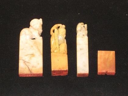 Appraisal: Group of four Chinese stone sealsComprising three pillar-shaped seals with