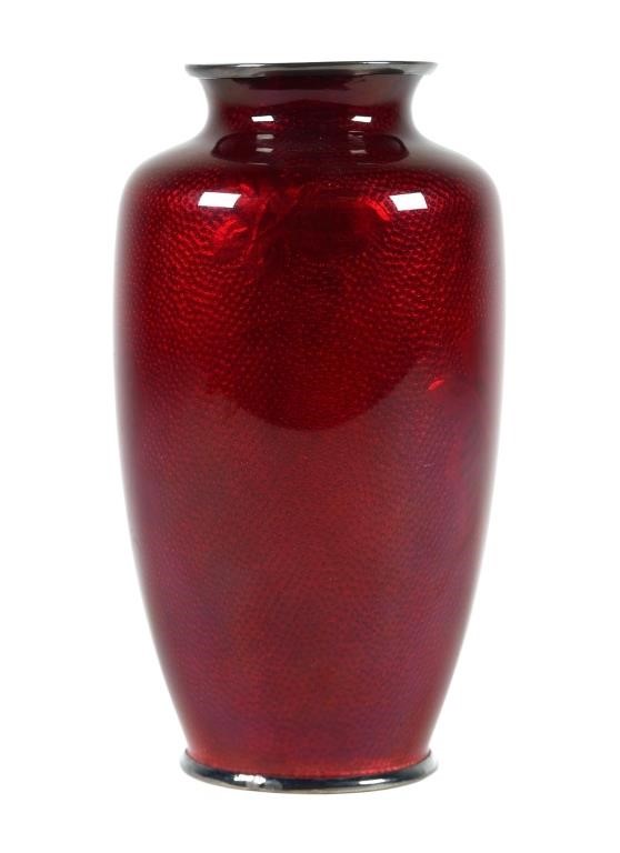 Appraisal: Japanese red ginbari cloisonne enamel vase Ginbari foil with butterfly