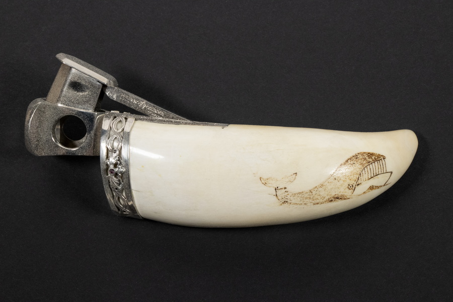 Appraisal: SILVER MOUNTED CIGAR CUTTER Pilot whale tooth cutter with scrimshaw