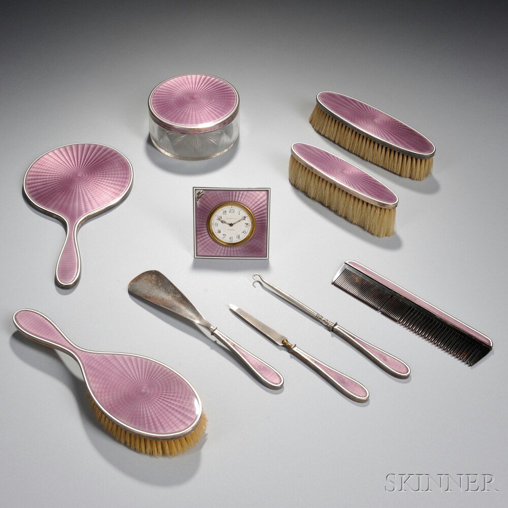 Appraisal: Ten-piece Tiffany Co Sterling Silver-mounted and Lilac Guilloche-enameled Dresser Set