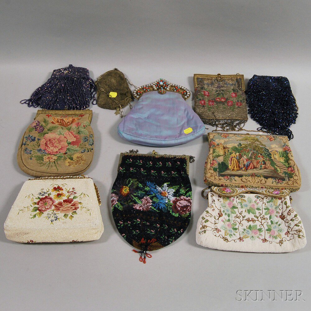 Appraisal: Ten Beaded Silk Embroidered Wool and Mesh Purses and Reticules