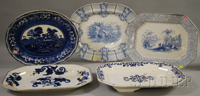 Appraisal: Five Large Blue and White Transfer-decorated Ironstone Platters including Tudor