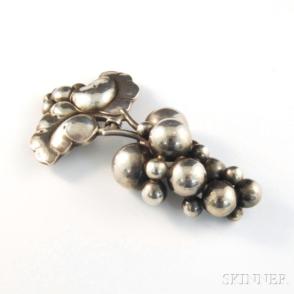 Appraisal: Georg Jensen Sterling Silver Grape Brooch Copenhagen post- the leaf-form