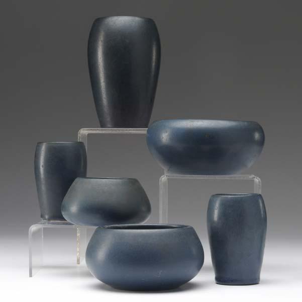 Appraisal: MARBLEHEAD Six vessels all covered in smooth matte blue glaze