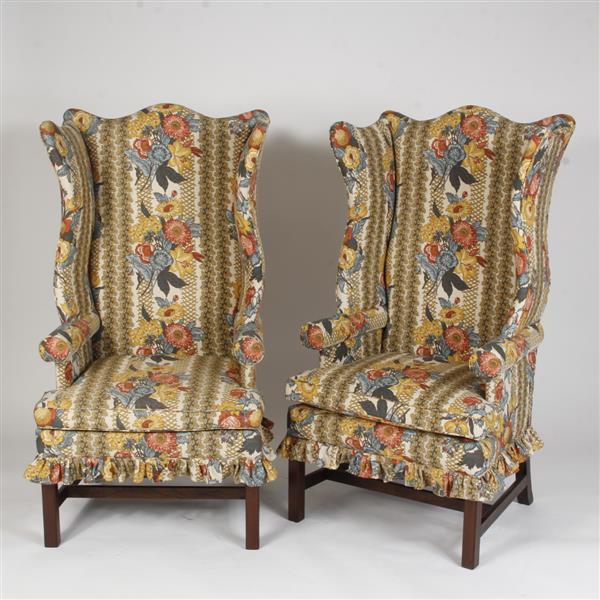 Appraisal: Pair American Chippendale High Wingback Arm Chairs with floral upholstery