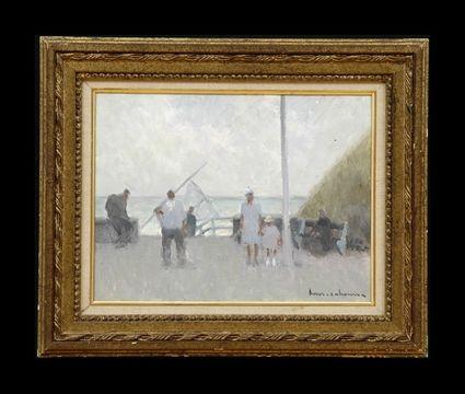 Appraisal: AMERICAN SCHOOL BEACH SCENE Oil on canvas laid down on