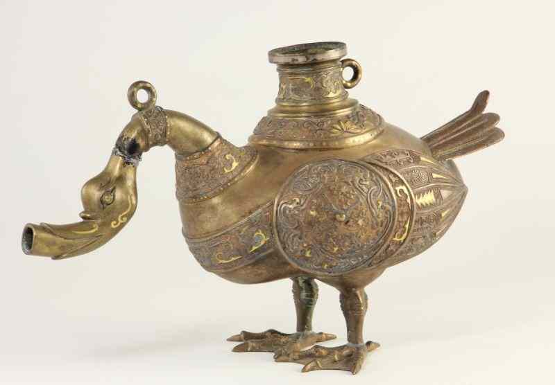 Appraisal: Samarkand Bronze Libation Vessellikely th century duck form with ornate