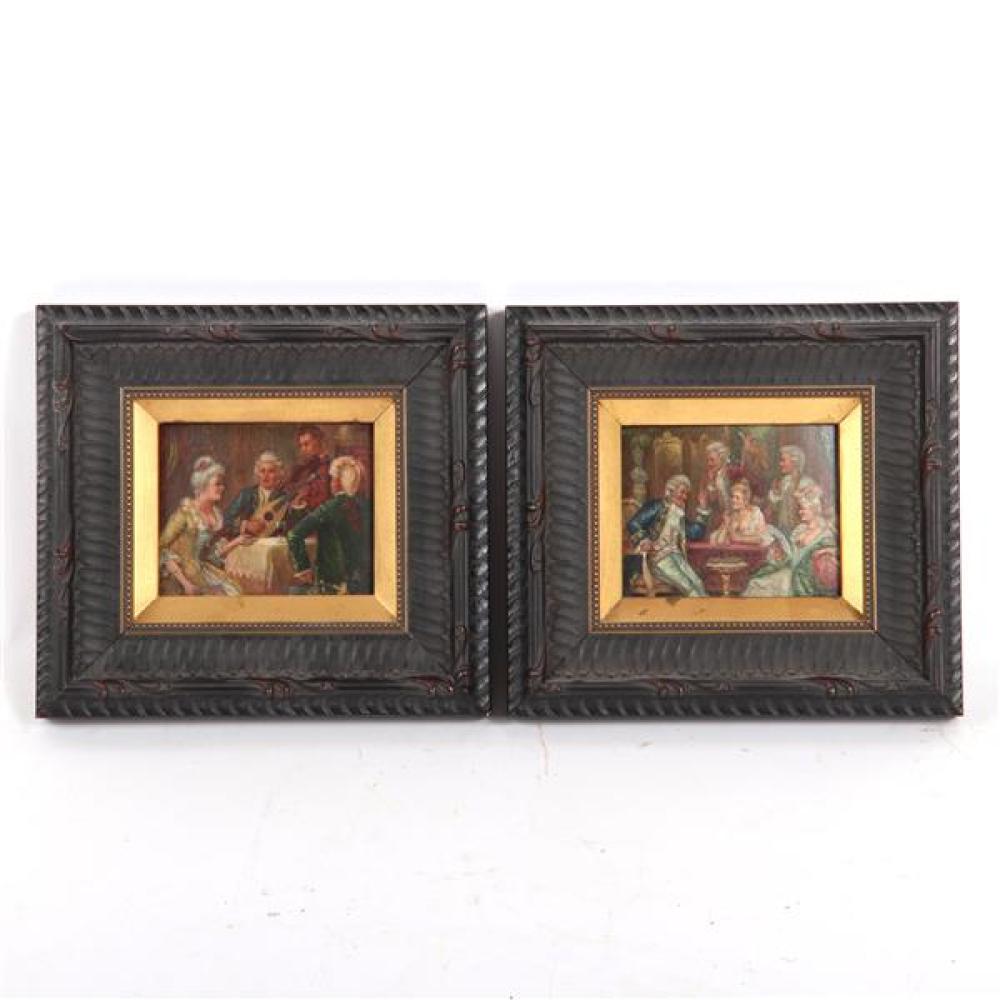 Appraisal: PAIR MINIATURE FRENCH SCHOOL PAINTINGS DEPICTING BAROQUE ERA RECREATIONAL SCENES