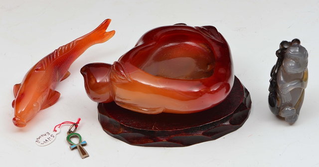 Appraisal: Chinese agate brush washerof peach form cm th Century a