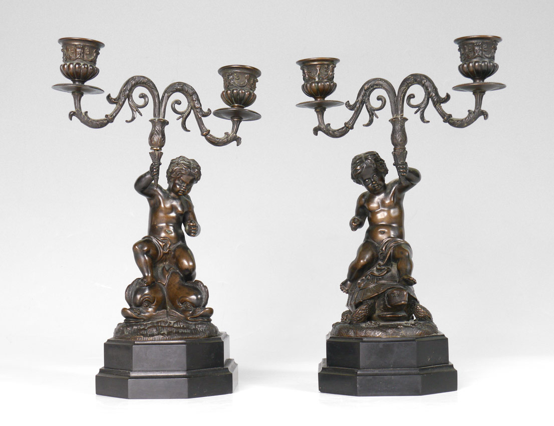 Appraisal: PAIR BRONZE MARBLE MOUNTED CHERUB CANDLESTICKS Similar but not identical