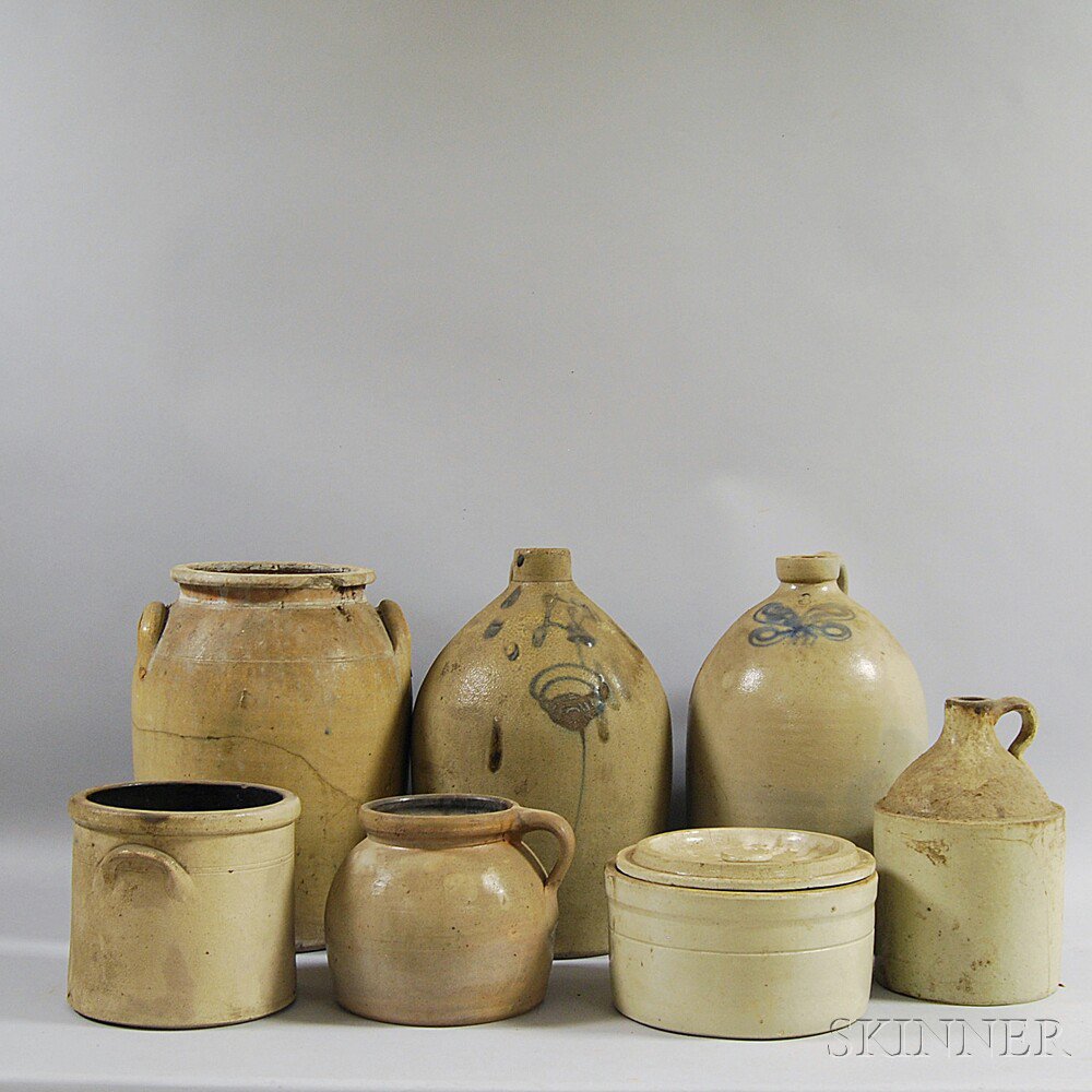 Appraisal: Seven Stoneware Vessels a Somerset Potters Works four-gallon floral cobalt-decorated