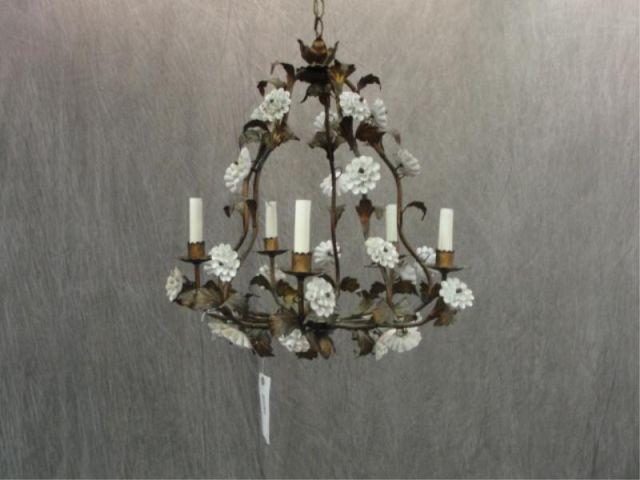 Appraisal: Gilt Metal and Floral Form Chandelier With Porcelain flowers From