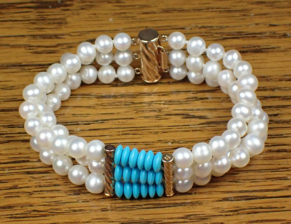 Appraisal: PEARL TURQUOISE AND FOURTEEN KARAT GOLD BRACELET The triple strand