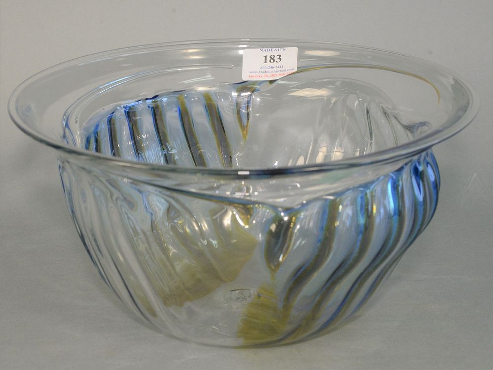 Appraisal: Large Peter Bramhall Glass Bowl with blue and yellow glass