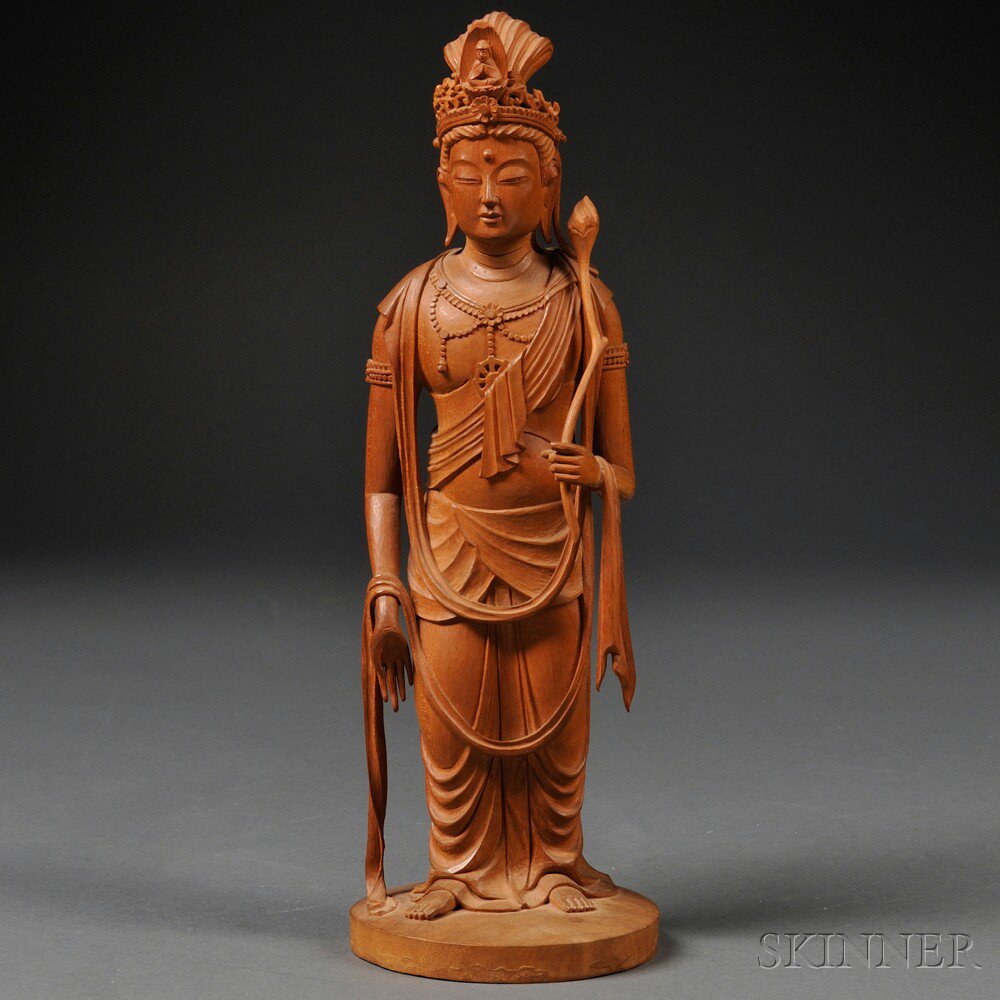 Appraisal: Wood Carving of Kannon Bosatsu Japan th century dressed in