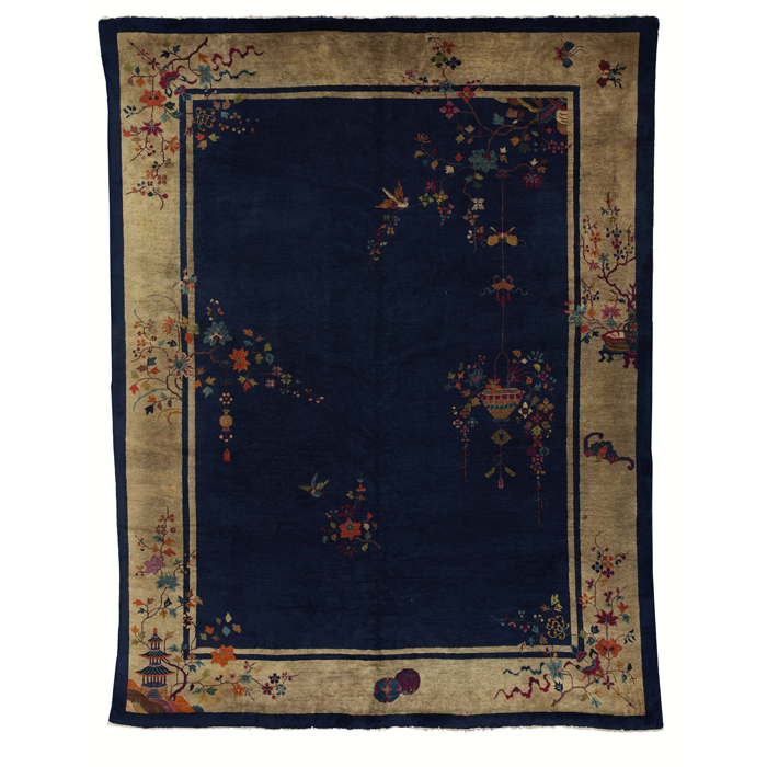 Appraisal: Art Deco Chinese rug c floral design on a navy