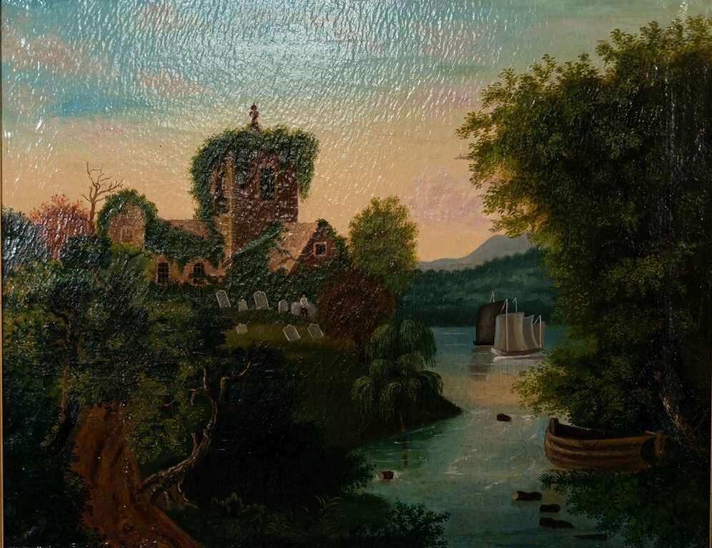 Appraisal: Folk art oil on canvas river landscape with cemetery x