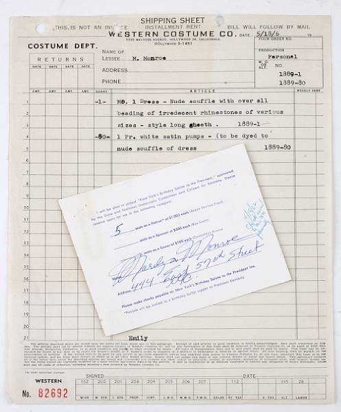 Appraisal: A Marilyn Monroe document related to her gown and pumps