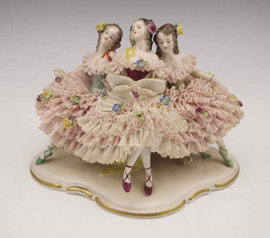 Appraisal: VOLKSTEDT LACY FIGURINE GROUP Three seated figures in delicate dresses