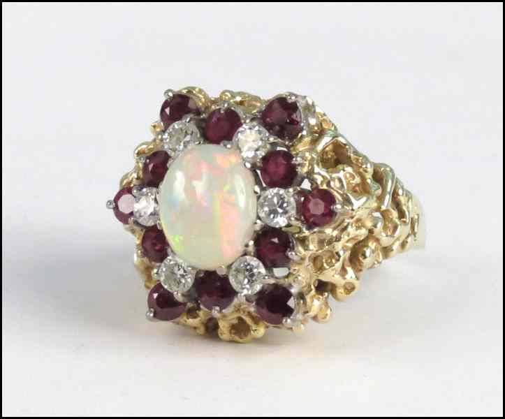 Appraisal: KARAT YELLOW GOLD OPAL GARNET AND DIAMOND RING grams Condition