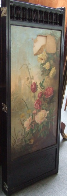 Appraisal: A mid Victorian ebonised three fold screen with turned baluster