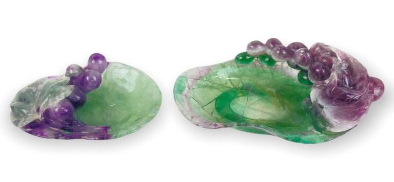 Appraisal: Carved Fluorite Bowls w Grape MotifDimensions of larger x Dimensions