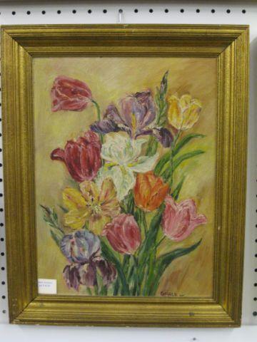 Appraisal: Oil on Canvas Floral Still Life signed grace Tulips Iris