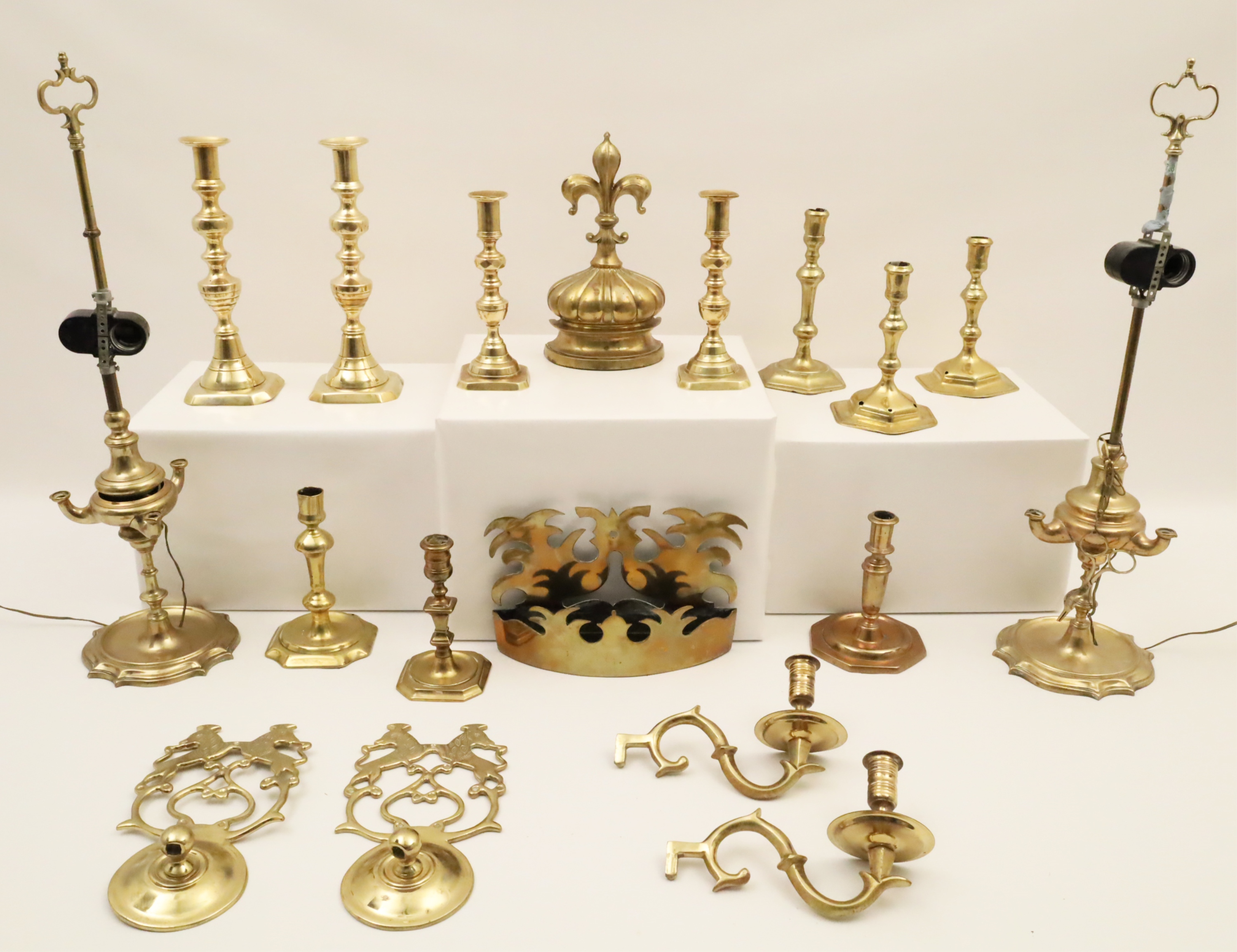 Appraisal: PIECE LOT OF ANTIQUE BRASS ITEMS Including candlesticks with pairs