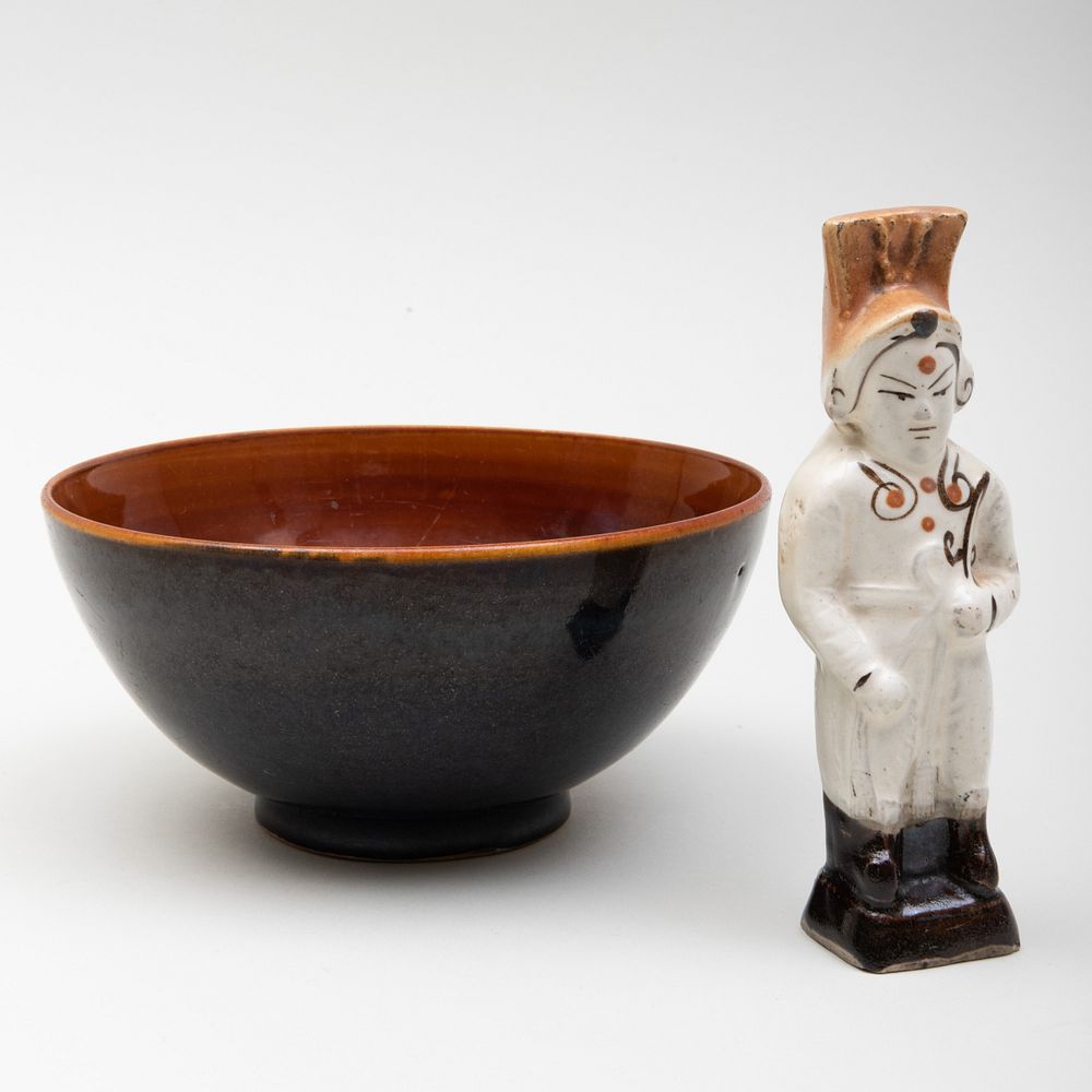 Appraisal: Chinese Pottery Figural Whistle and a Brown Glazed Bowl The