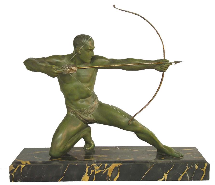 Appraisal: French 's green patinated metal figure of an archer upon