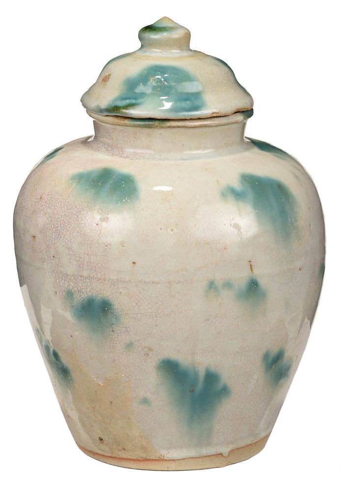 Appraisal: Chinese Celadon Splashed Porcelain Jar and Cover possibly Ming dynasty