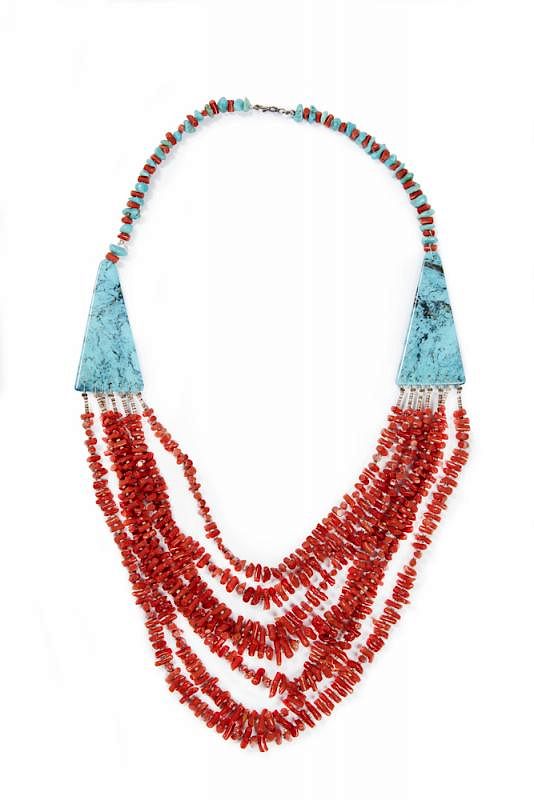 Appraisal: Turquoise and Coral Navajo Necklace Turquoise and coral multi strand