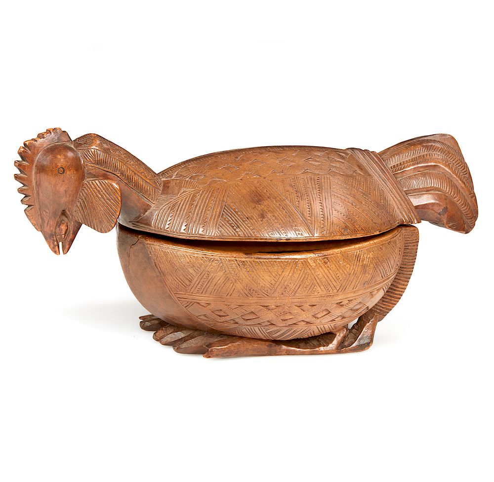 Appraisal: Yoruba Two Part Chicken Bowl Yoruba two part wooden chicken