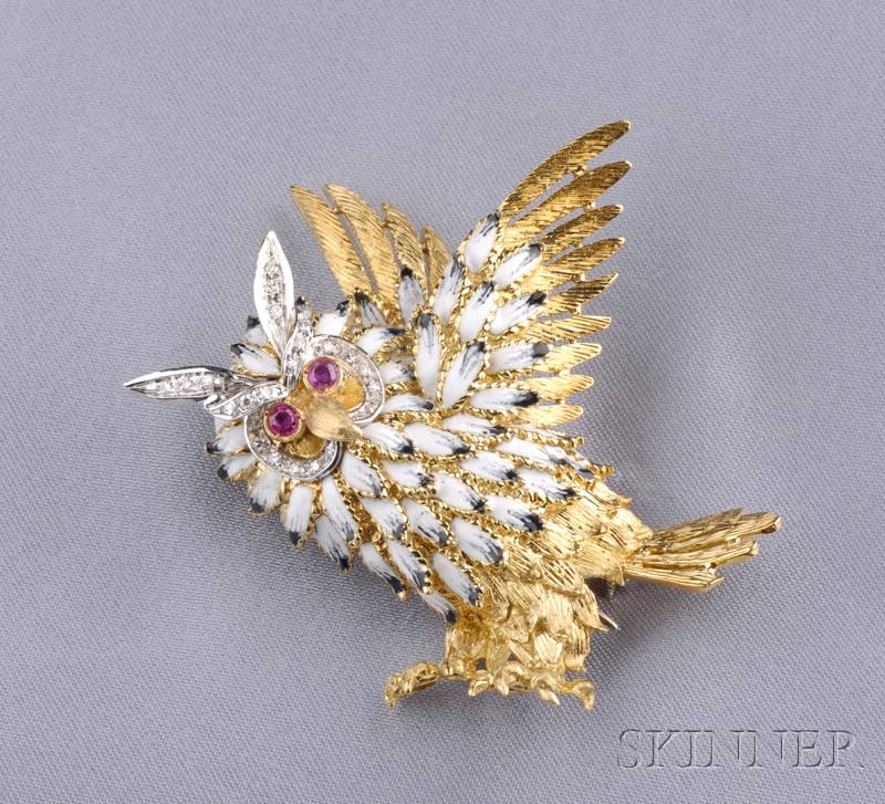 Appraisal: kt Gold Enamel and Diamond Owl Brooch Italy with diamond