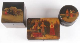 Appraisal: RUSSIAN LACQUER ITEMS CIRCA A GROUP OF THREE RUSSIAN LACQUERWARE