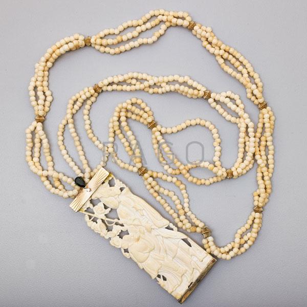 Appraisal: ANTIQUE CARVED IVORY JEWELED GOLD NECKLACE Condition Report