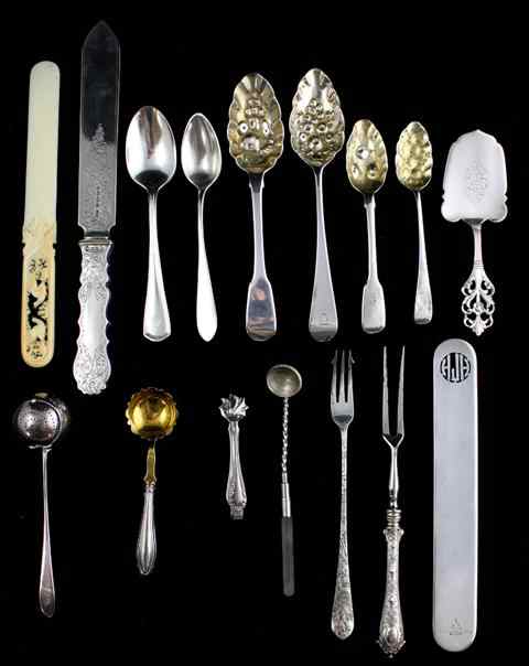 Appraisal: GROUP OF SILVER SERVING PIECES including meat fork Norwegian sandwich