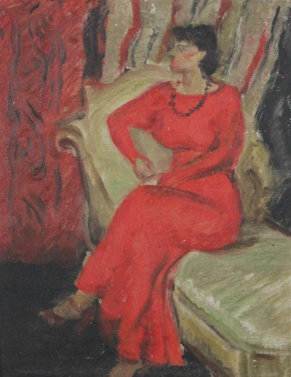 Appraisal: ELLEN DONOVAN AMERICAN - THE RED DRESS Oil on canvas