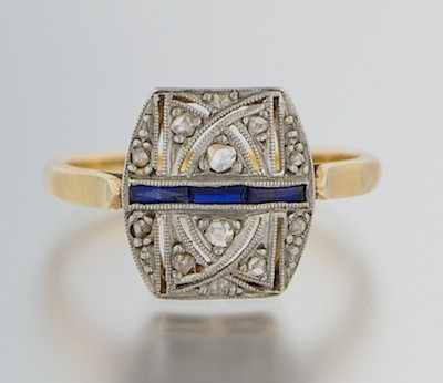 Appraisal: An Art Deco Style Diamond and Sapphire Ring k yellow