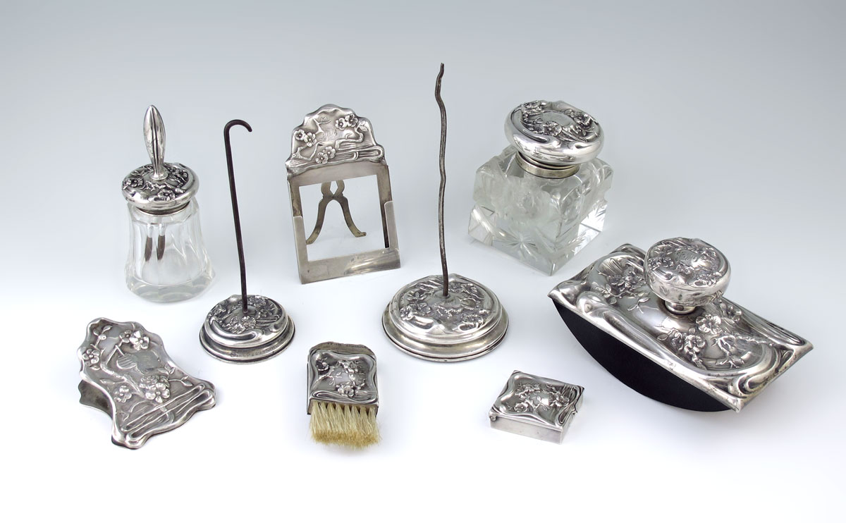 Appraisal: ART NOUVEAU WOODSIDE STERLING DESK SET pieces with Art Nouveau