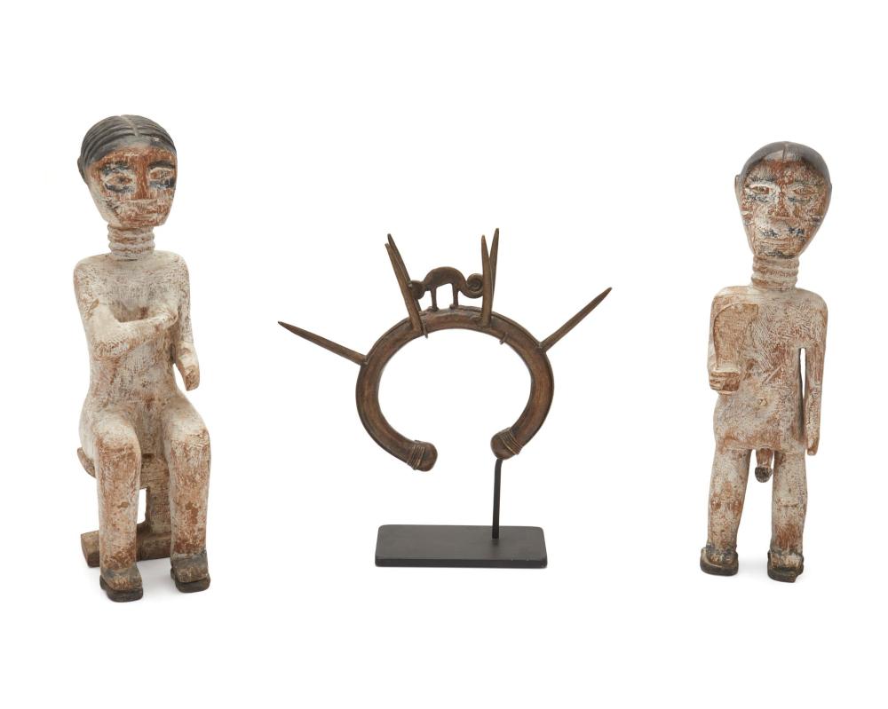 Appraisal: Three West African objects th Century Comprising two polychromed carved