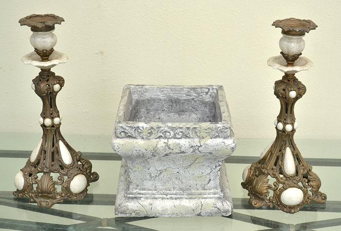 Appraisal: TWO BRASS AND GRANITE CANDLESTICKS TOGETHER WITH CONCRETE PLANTER