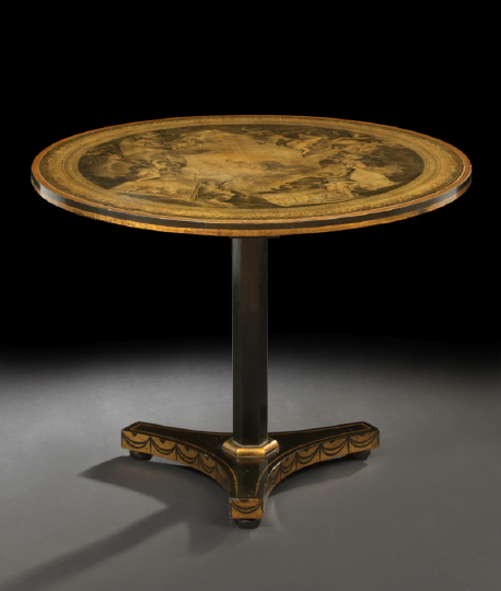 Appraisal: Austro-Germano Decoupaged Ebonized and Gilt-Decorated Wooden Low Pedestal Table late