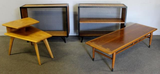 Appraisal: Midcentury Storage and Table Lot Includes a pair of mesh