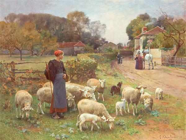 Appraisal: LUIGI CHIALIVA Swiss - Tending the Flock oil on canvas